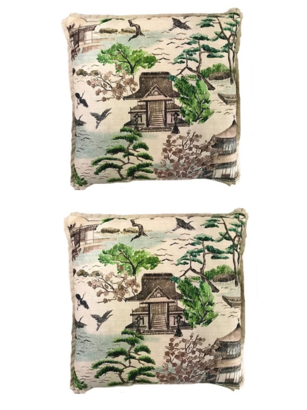 Set of 2 Asian toile linen pillow covers 22" x 22" barkcloth texture chinoiserie